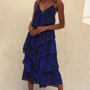 Lulu’s Tiers of Love Black and Blue Print Tiered Ruffled Midi Dress